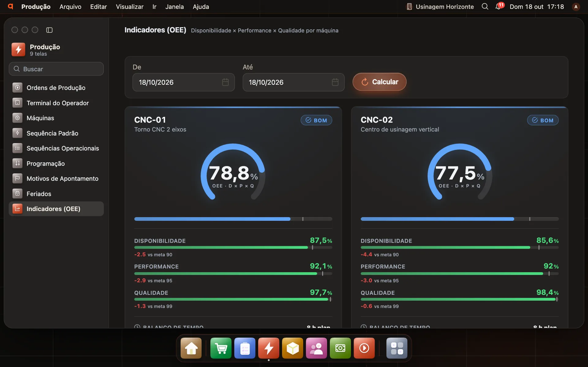 Produção & OEE — Torqa ERP